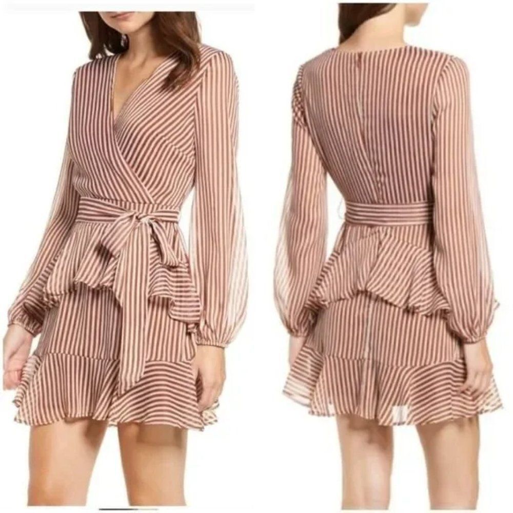 love, Fire | Faux-Wrap Ruffle Chiffon Dress - [size XXL in Brown/White]